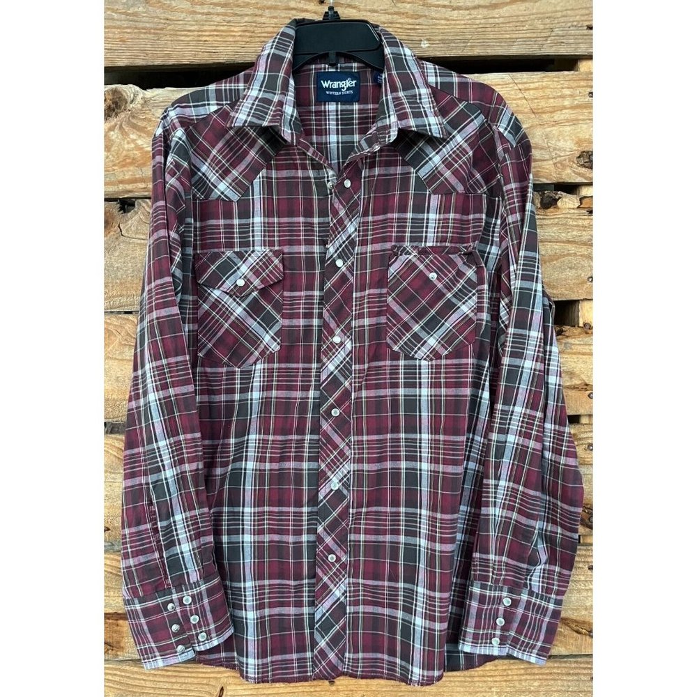 Wrangler Mens Size L Red Plaid Button Up Long Sleeve Western Shirt With Pockets